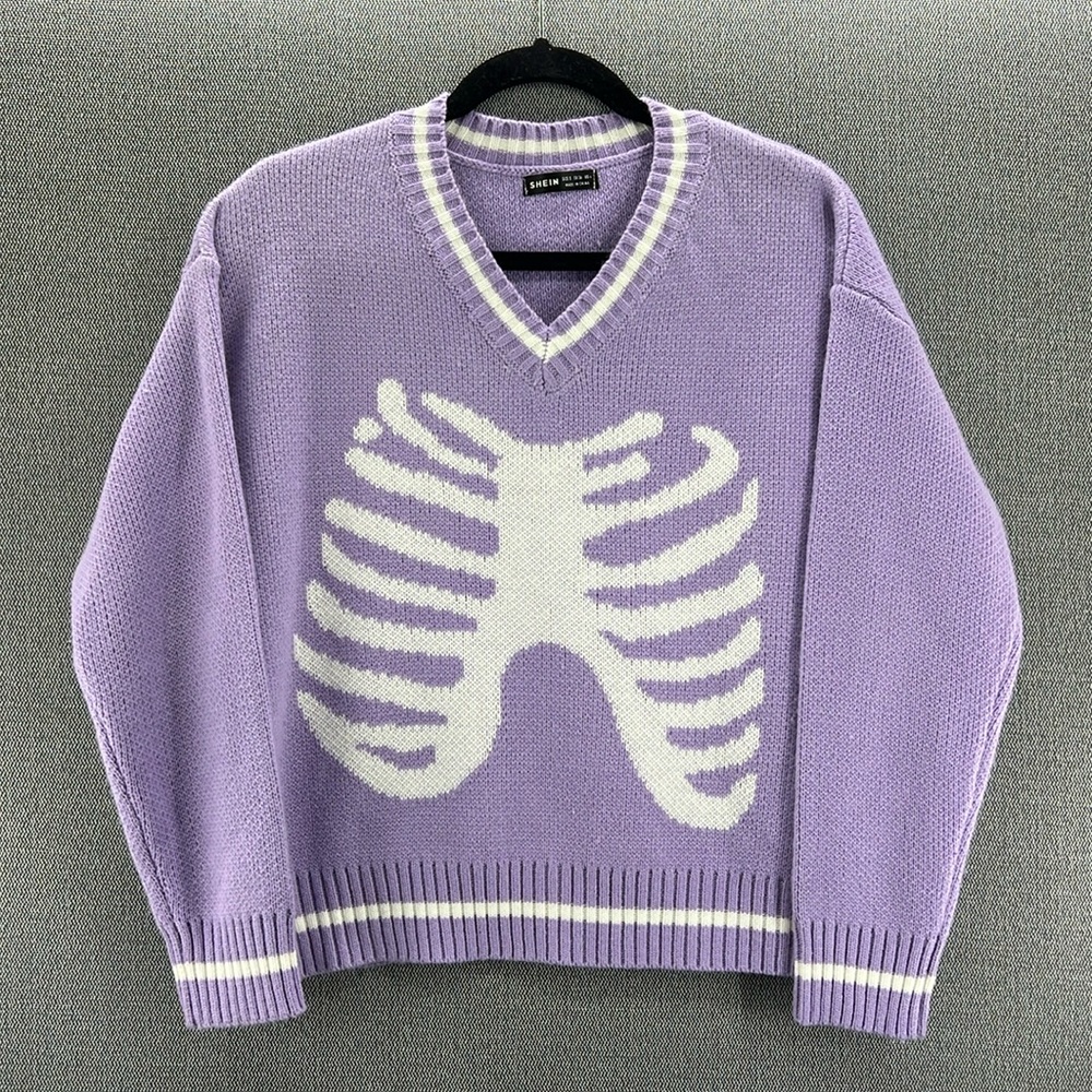 SHEIN Wonen’s Lilac White Oversized Cropped Knit Sweater Rib Cage Size S